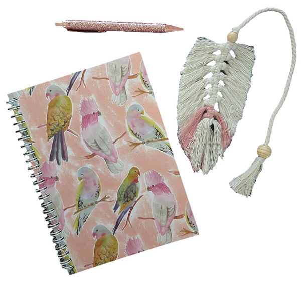 A5 Princess Parrot & Galah Notebook, Handmade Macrame Feather Bookmark & Glitter Pen