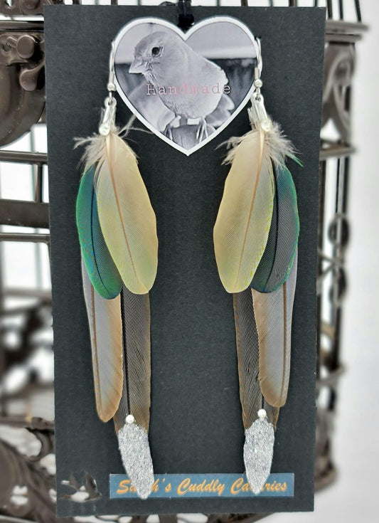 Lychee Cinnamon Green Cheek Conure Feather Earrings