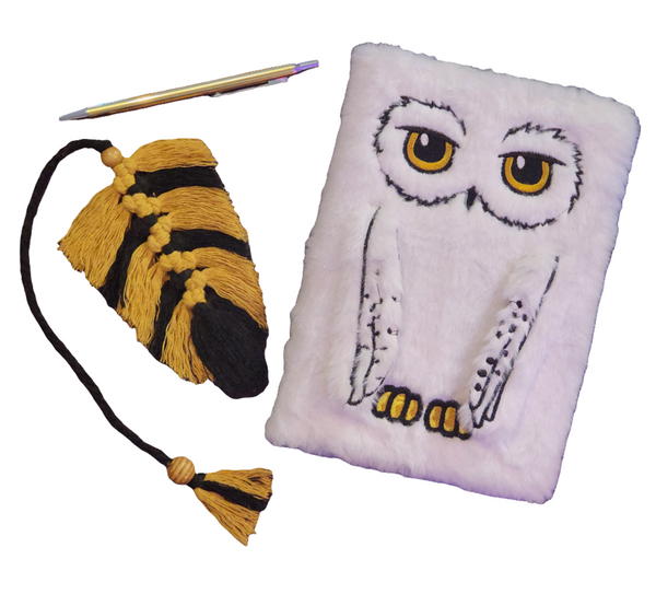 A5 Fluffy Owl Notebook, Handmade Macrame Feather Bookmark & Gold Pen