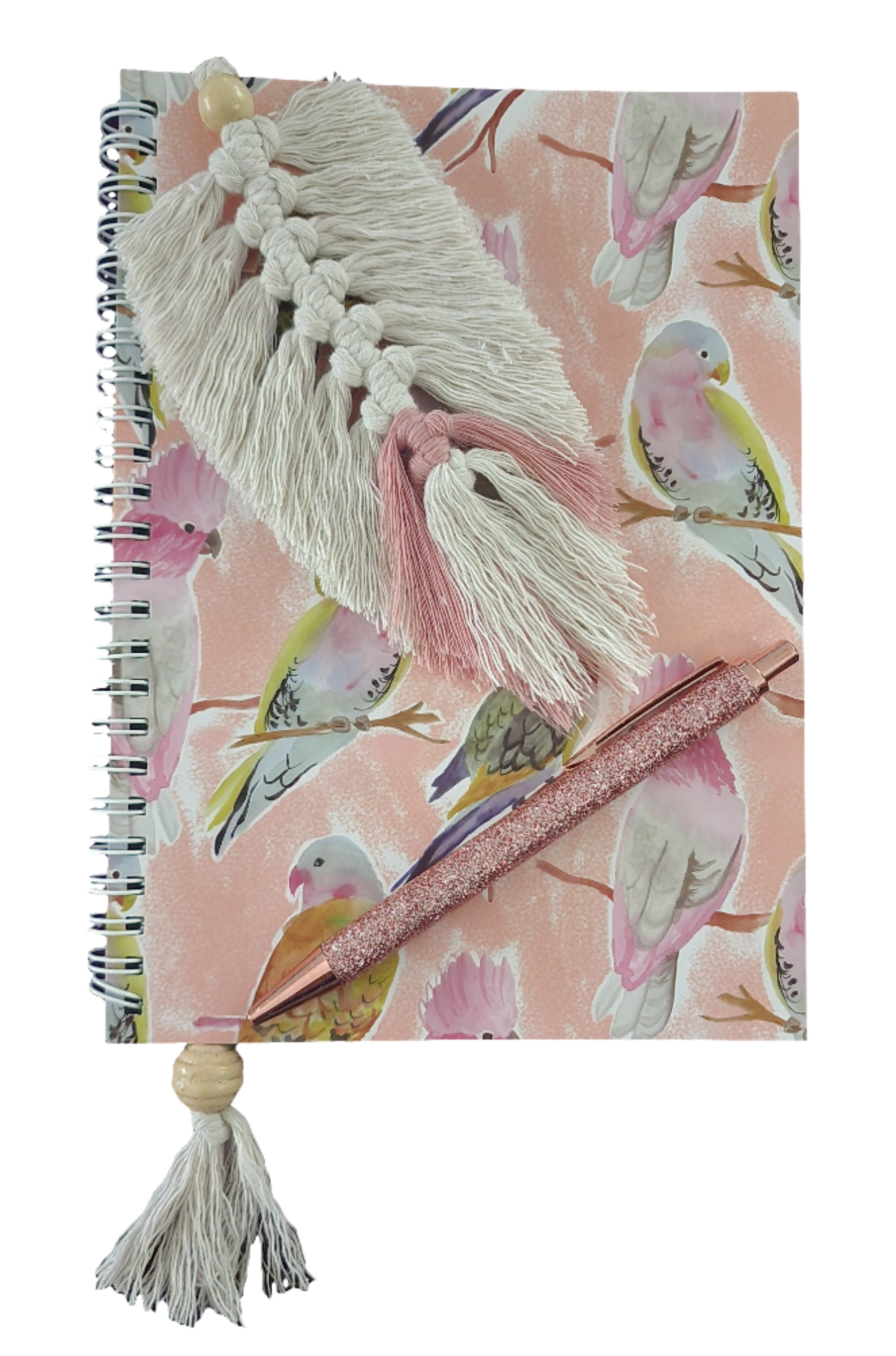 A5 Princess Parrot & Galah Note Book, Handmade Macrame Feather Bookmark & Glitter Pen