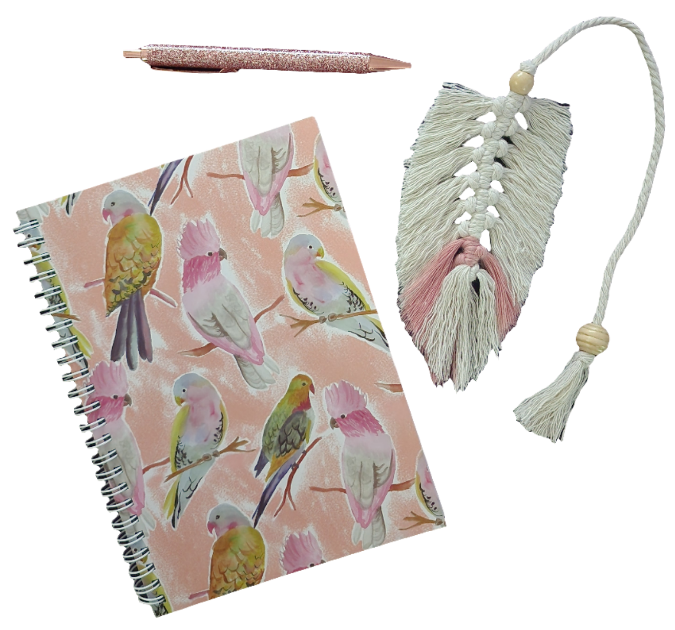 A5 Princess Parrot & Galah Note Book, Handmade Macrame Feather Bookmark & Glitter Pen