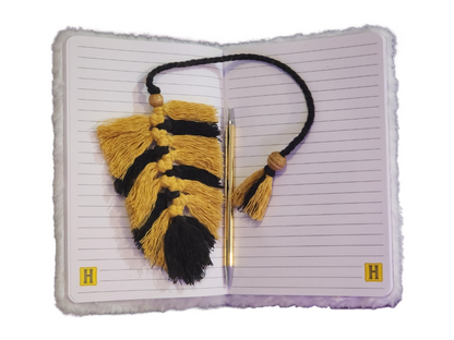 A5 Fluffy Owl Notebook, Handmade Macrame Feather Bookmark & Gold Pen