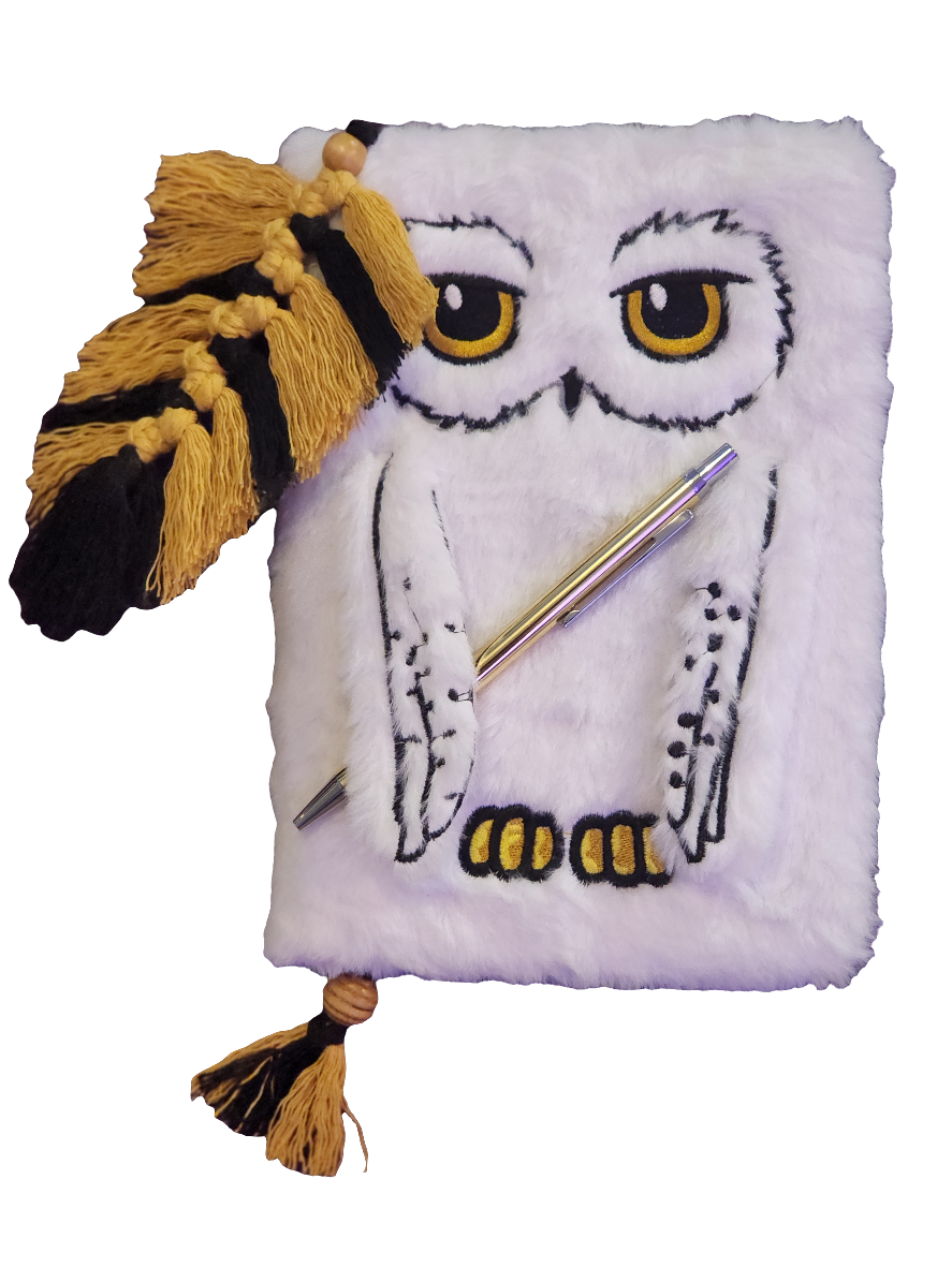 A5 Fluffy Owl Note Book, Handmade Macrame Feather Bookmark & Gold Pen