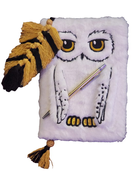 A5 Fluffy Owl Notebook, Handmade Macrame Feather Bookmark & Gold Pen