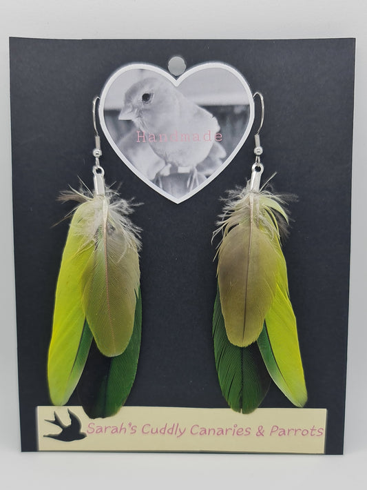 Three Green Parrots Feather Earrings