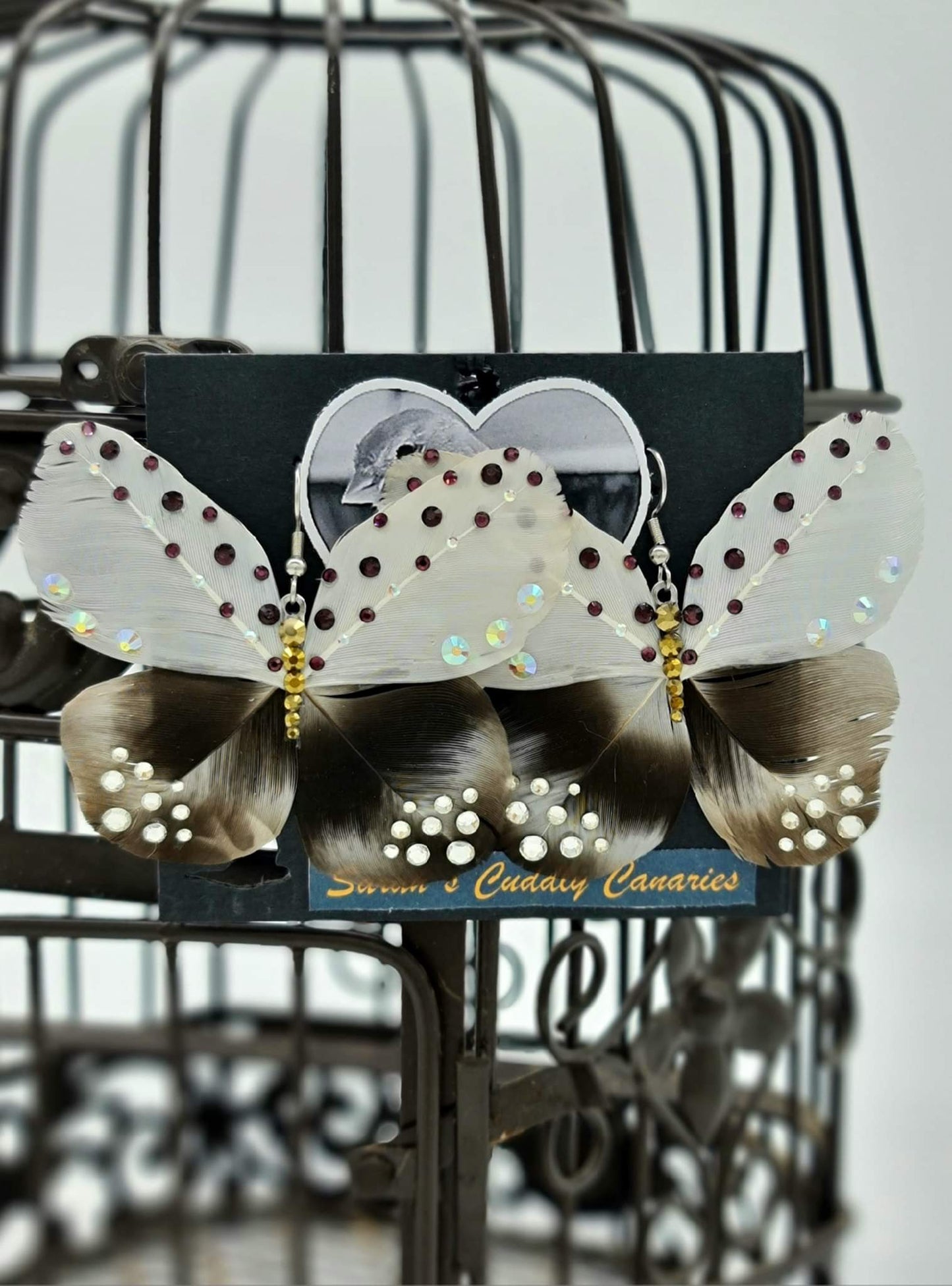 Rhinestone Filled Butterflies Feather Earrings